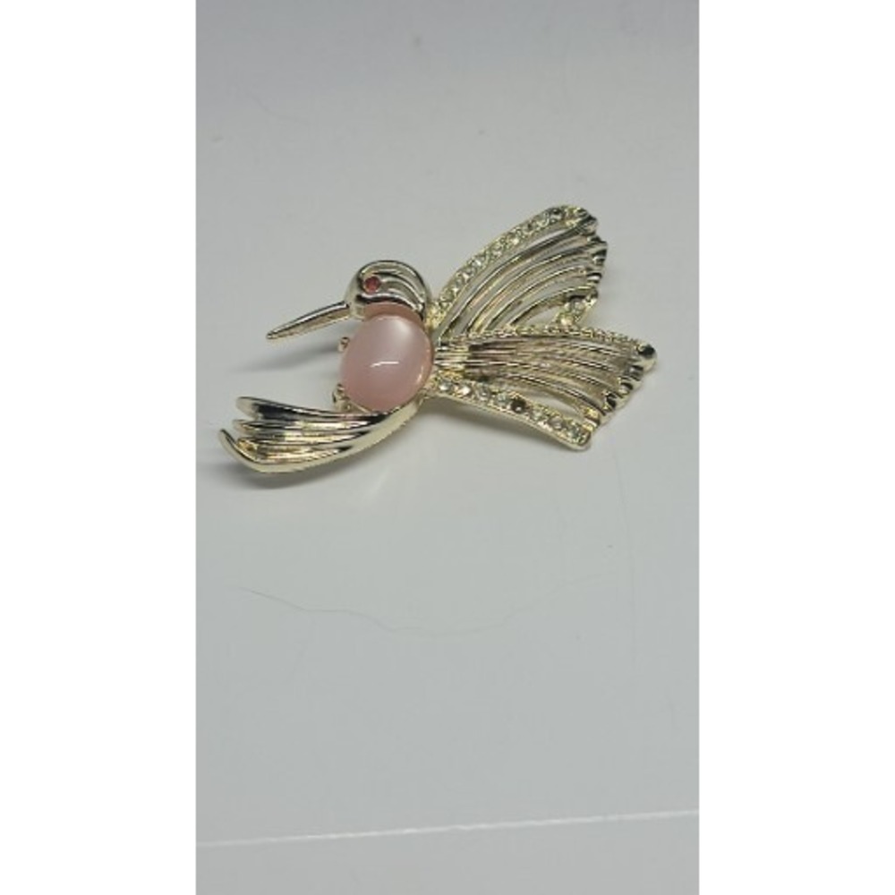 Vintage Hummingbird Pink Jelly Belly and Red Rhinestone Gold Tone Pin, Brooch